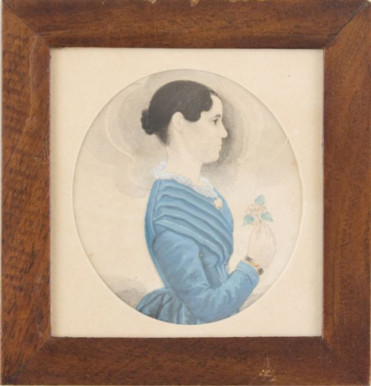 James S. Ellsworth (New England, 1802-1873) used thin pink paper for this watercolor portrait, which is estimated at $2,000-$4,000. Image courtesy Leland Little Auction & Estate Sales Ltd.